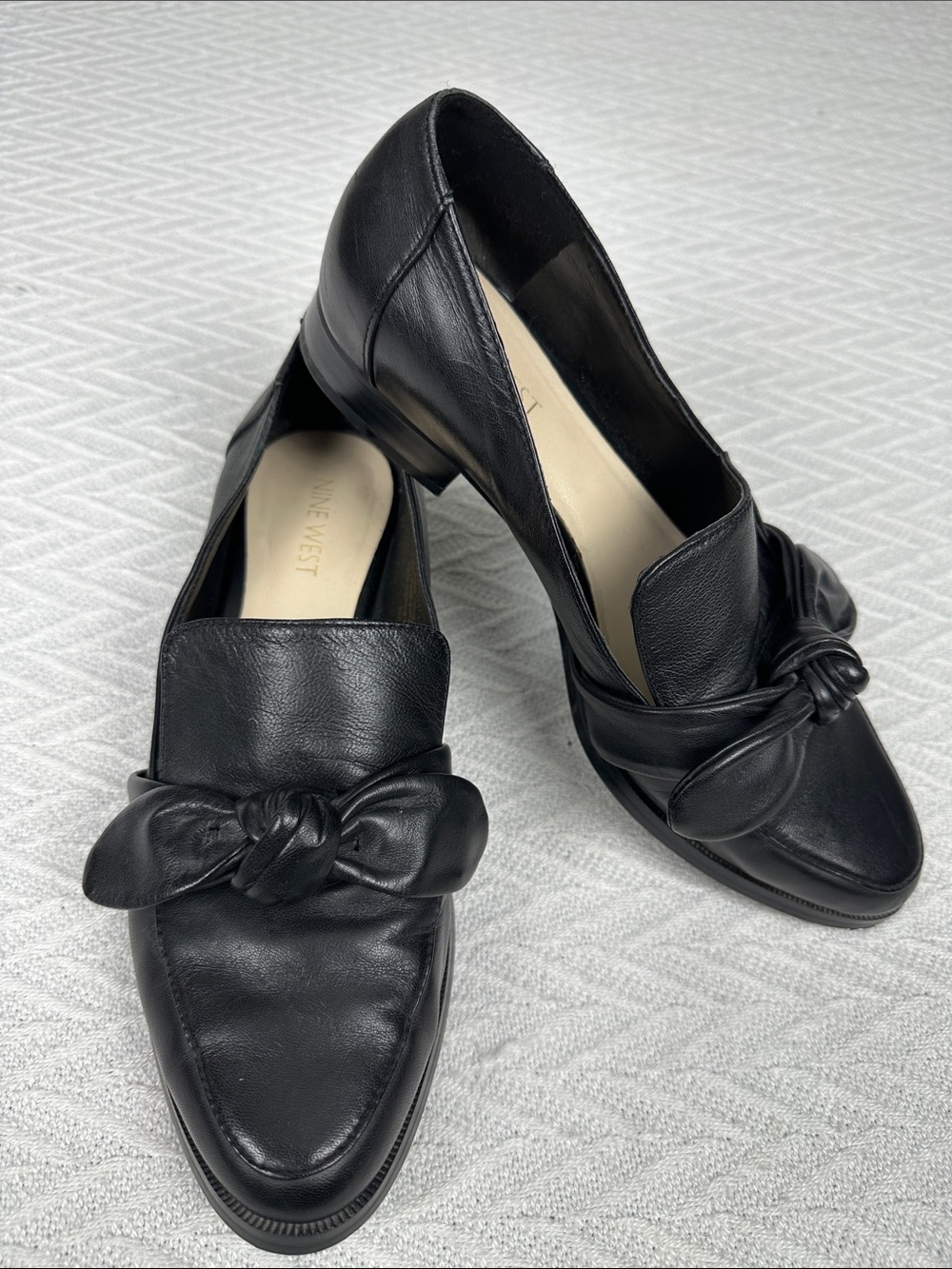 Nine West Black Leather Knot-Front Loafers bow tie feminine minimalist capsule